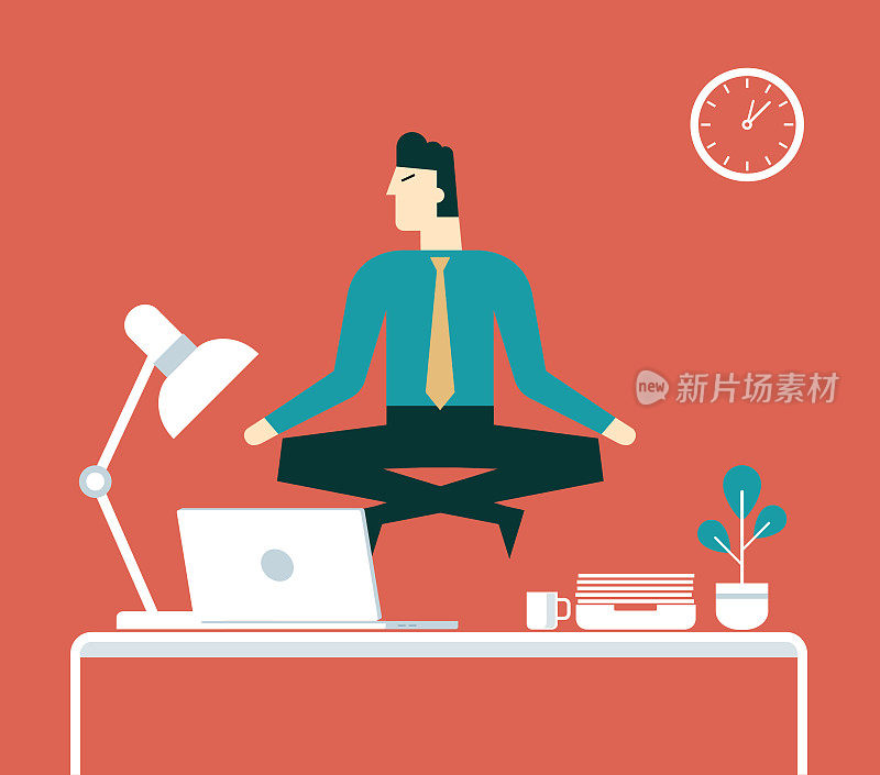 Businessman doing yoga to calm down the stressful emotion
